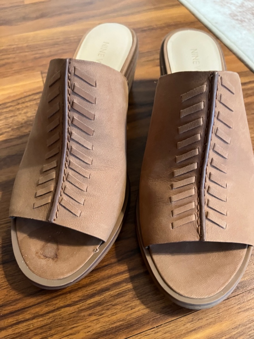 Nine West Tan Brown Leather Slide Mules